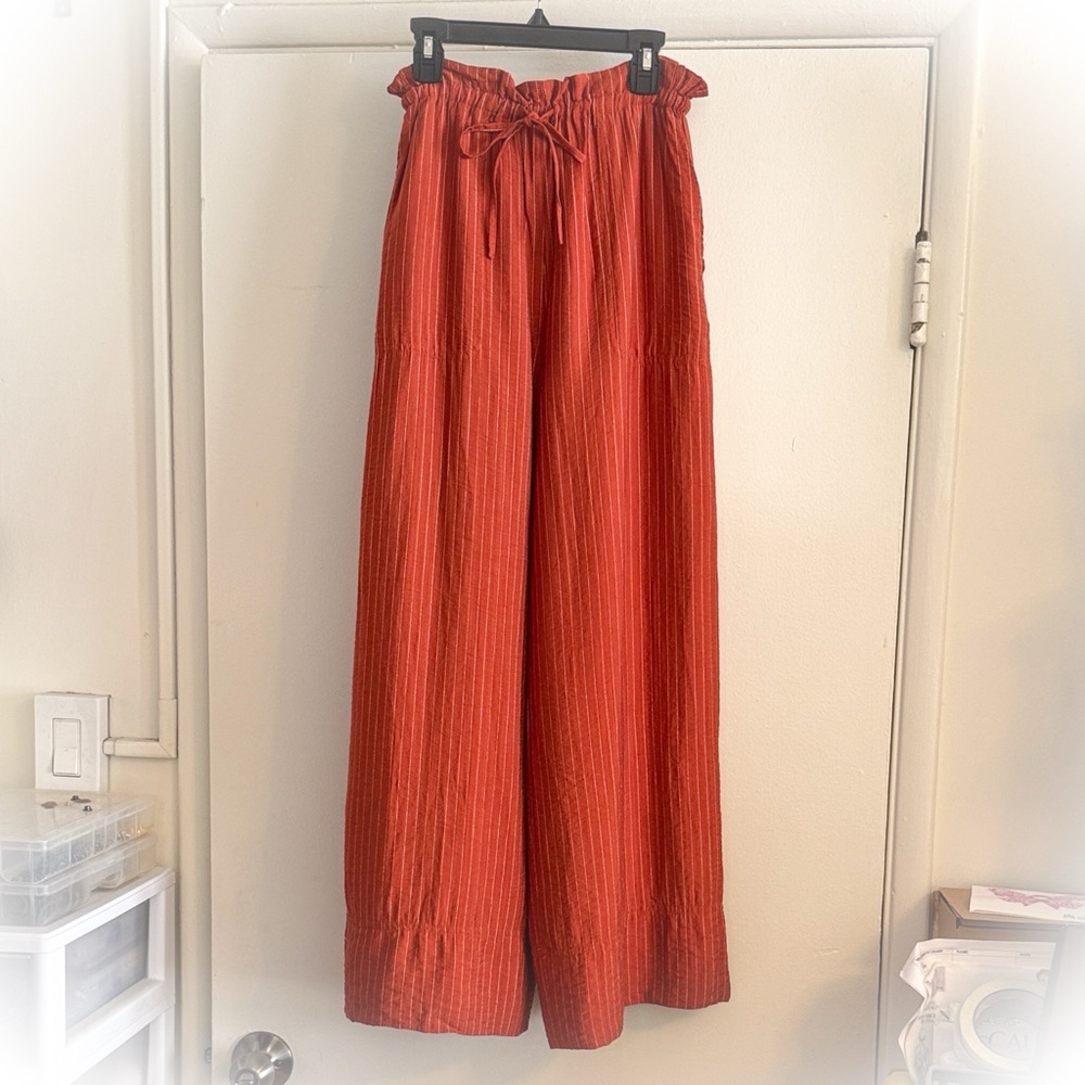 Fun2Fun Rust Wide-Leg Drawstring Pinstripe Pants